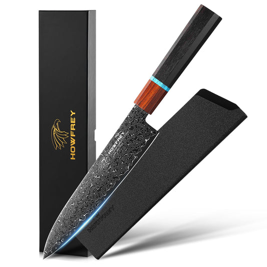 howfrey vue frontale du couteau de chef Damas, design élégant et équilibre