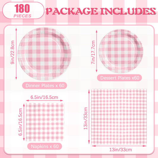 Hpscdyo assiette dessert vichy rose gros plan, motif visible et résistant