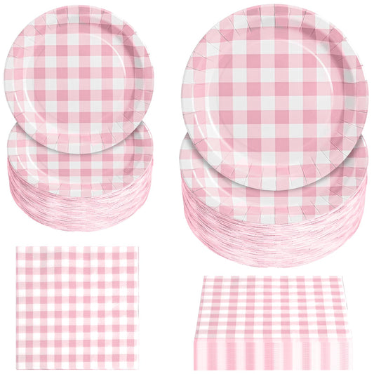 Hpscdyo assiette dîner vichy rose vue de face, esthétique et pratique