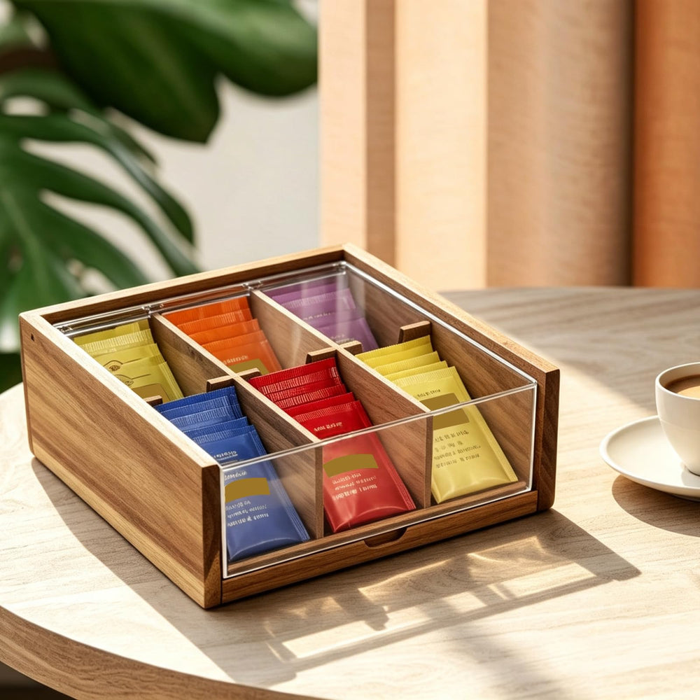 HTB boîte à thé à côté d'une tasse montrant échelle et capacité
