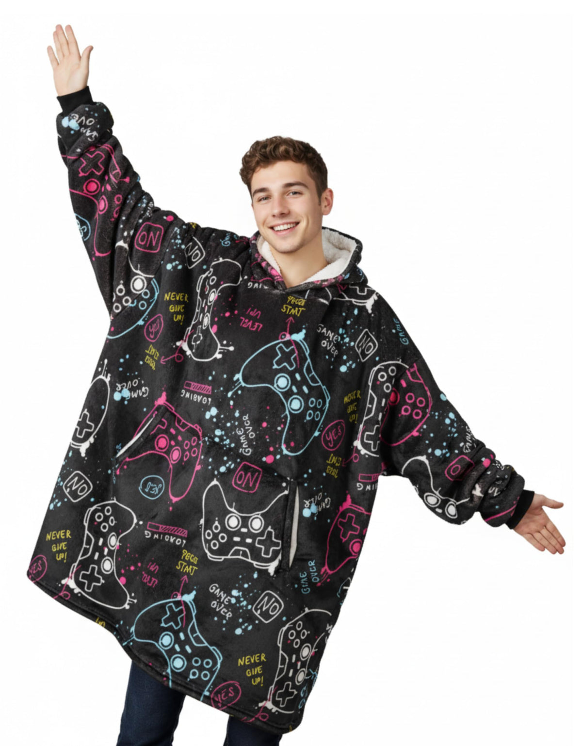 Huglanket face avant avec capuche montrant confort et couverture