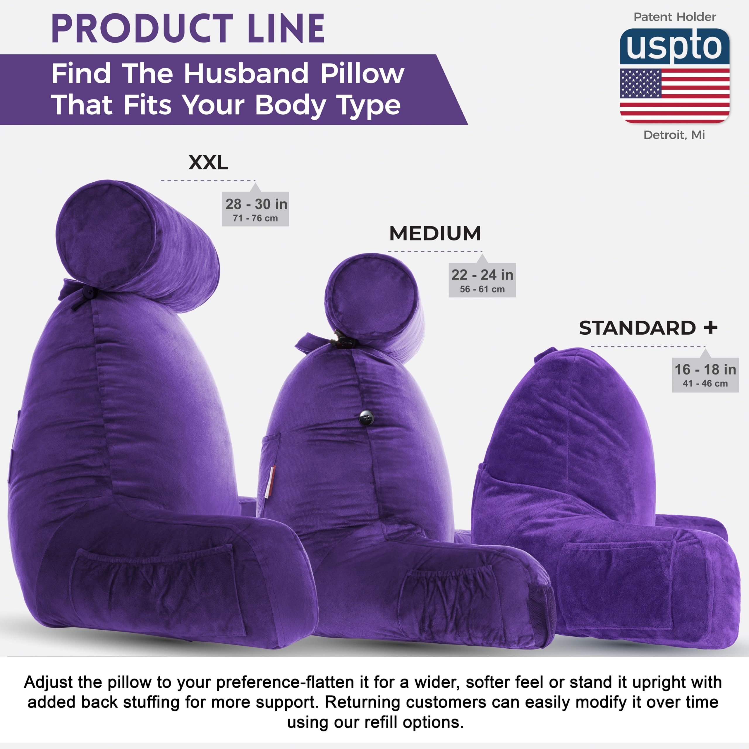 Husband Pillow échelle comparaison montrant taille 30" adaptée adultes