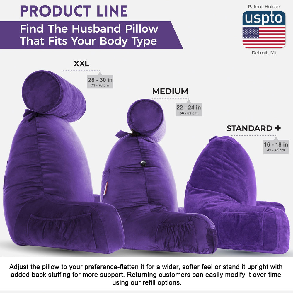 Husband Pillow échelle comparaison montrant taille 30" adaptée adultes