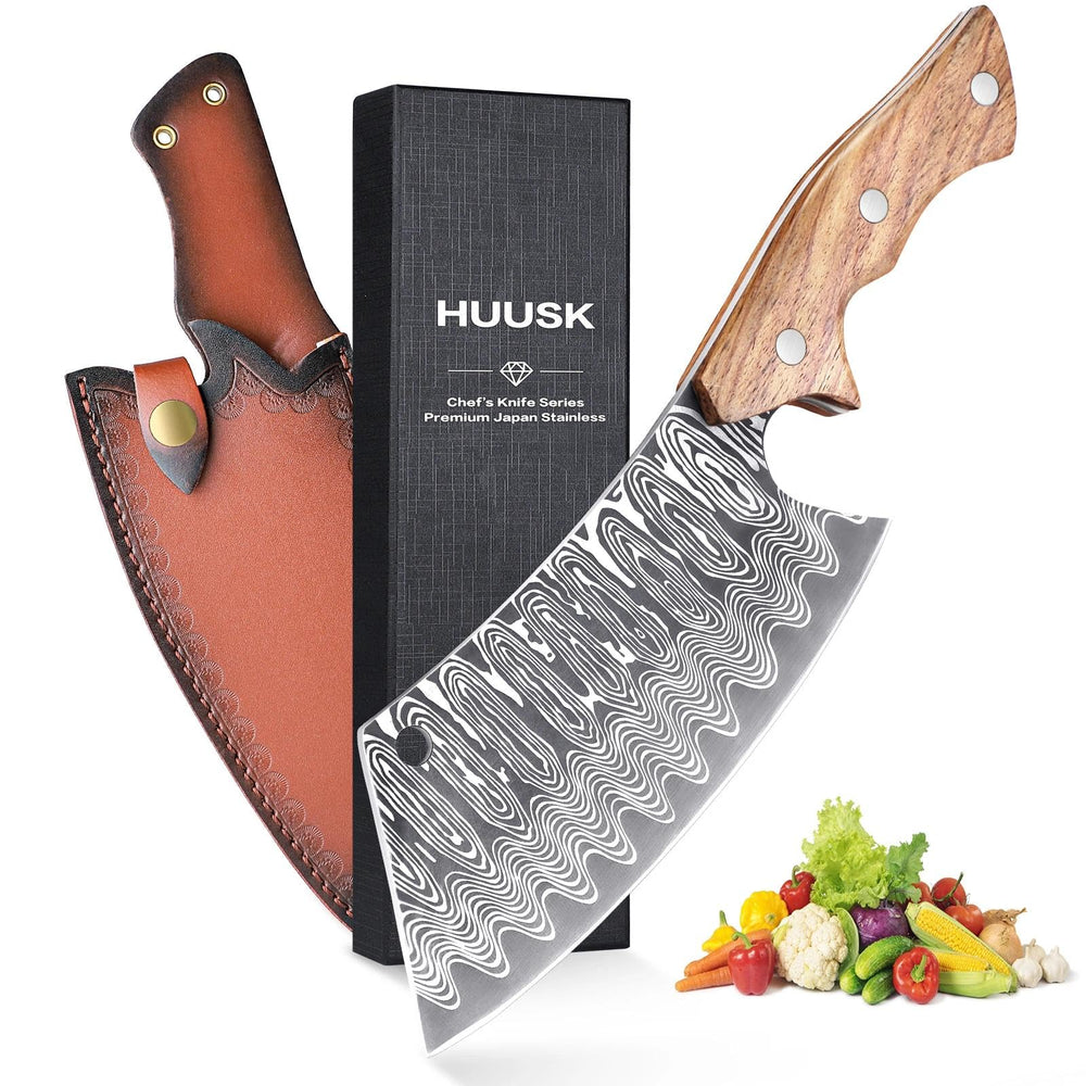 Huusk couteau cleaver face avant avec coffret, présentation élégante et cadeau prêt à offrir