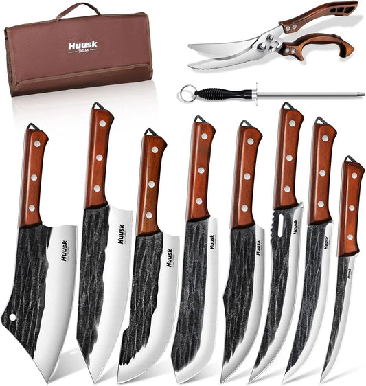 Huusk coffret face avant montrant l’ensemble des couteaux et l’étui — rangement pratique