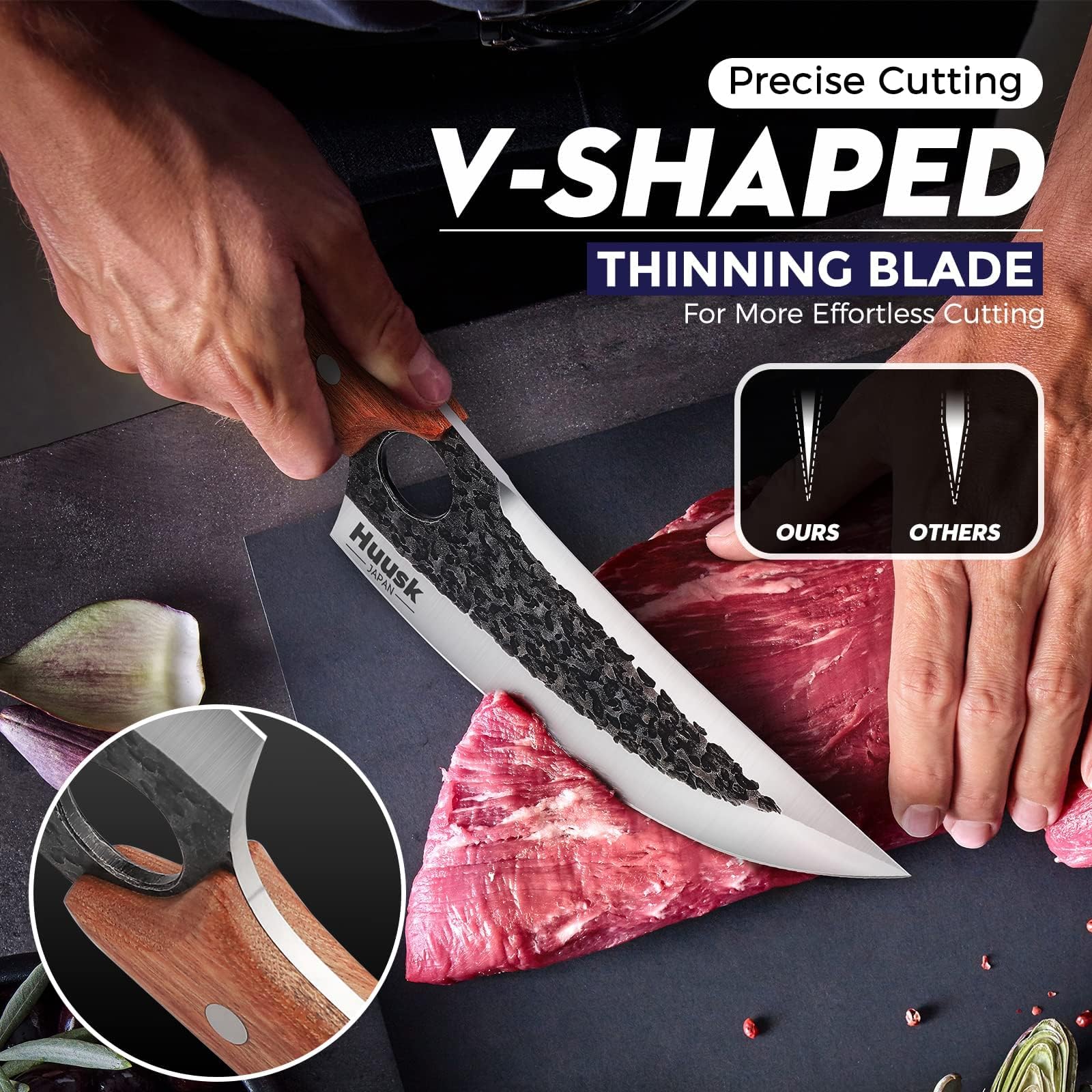 Huusk couteau en action découpant de la viande pour coupe précise