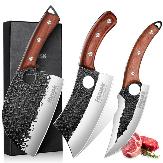 Huusk ensemble face avant présentant les trois couteaux, design professionnel bénéfique