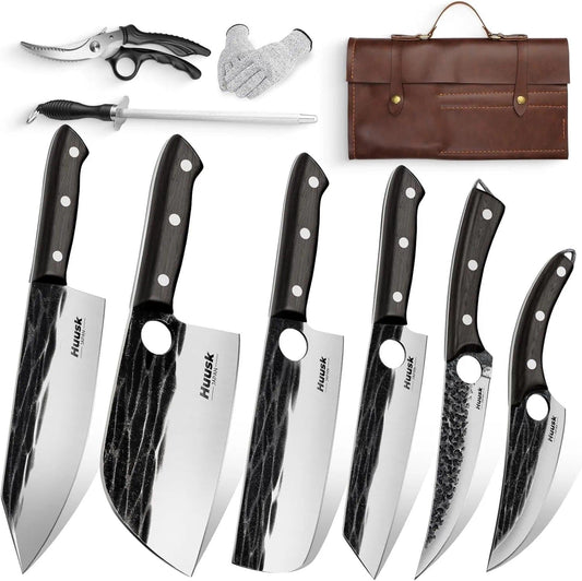 Huusk vue de face du coffret de couteaux montrant présentation et accessoires