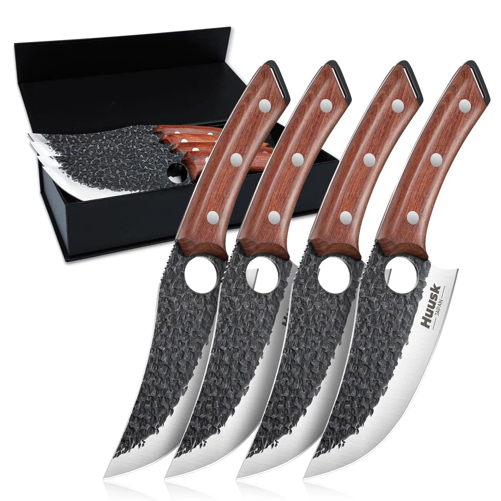 Huusk face du coffret montrant l’ensemble de 4 couteaux, cadeau élégant