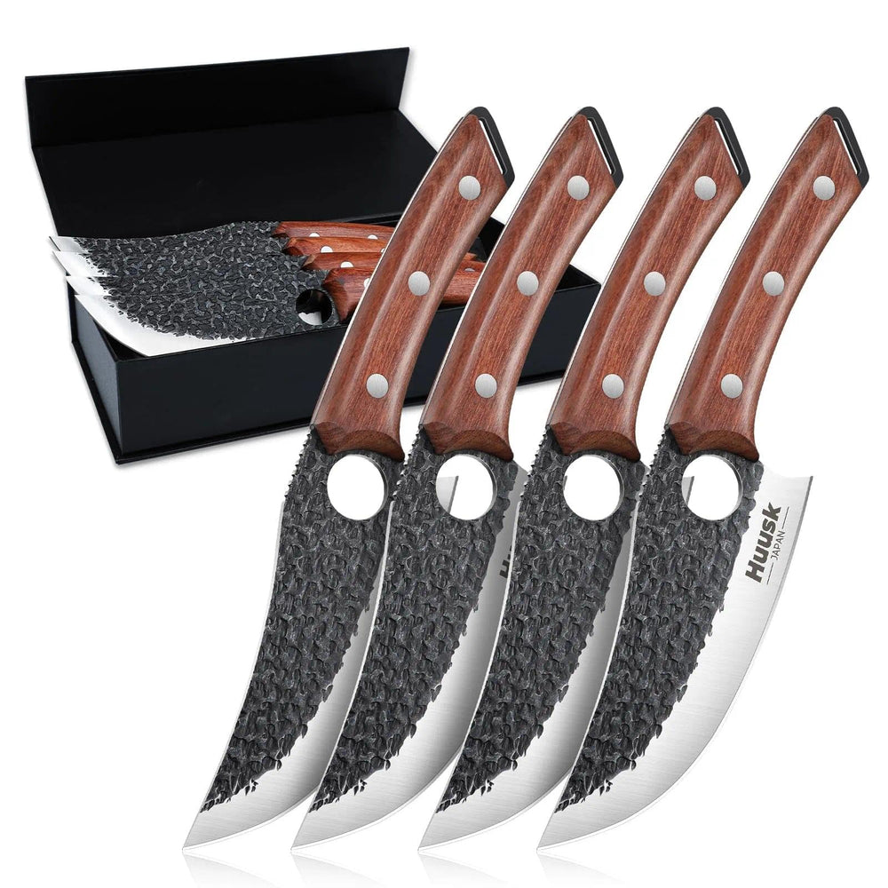 Huusk face du coffret montrant l’ensemble de 4 couteaux, cadeau élégant