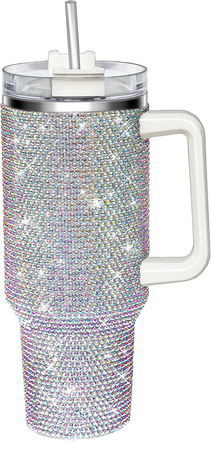 HWISDMIG vue avant du tumbler 40oz avec poignée et paille, design pailleté pratique