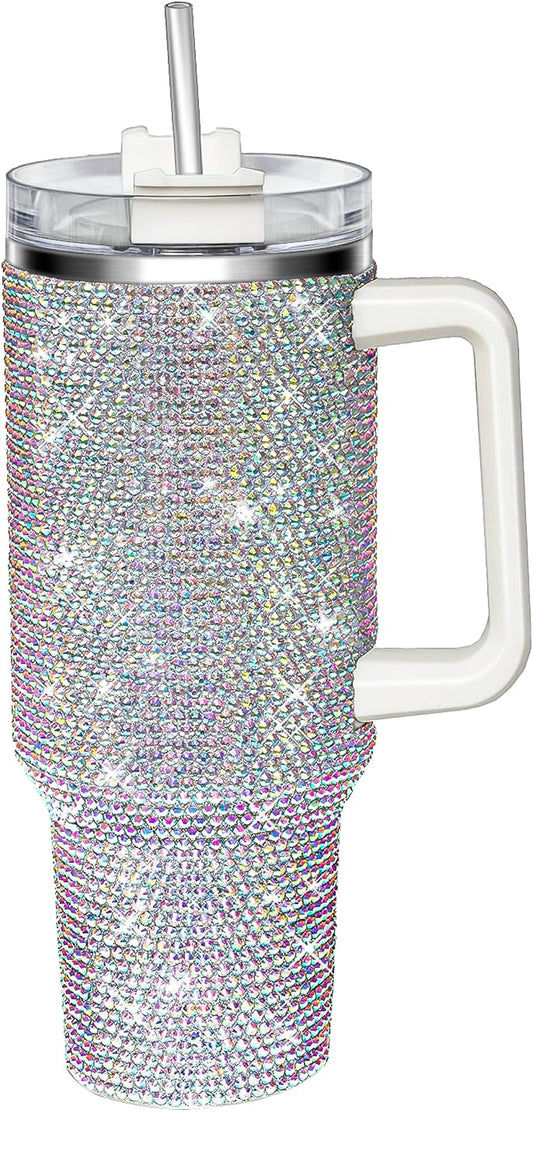 HWISDMIG vue avant du tumbler 40oz avec poignée et paille, design pailleté pratique