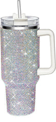 HWISDMIG vue avant du tumbler 40oz avec poignée et paille, design pailleté pratique