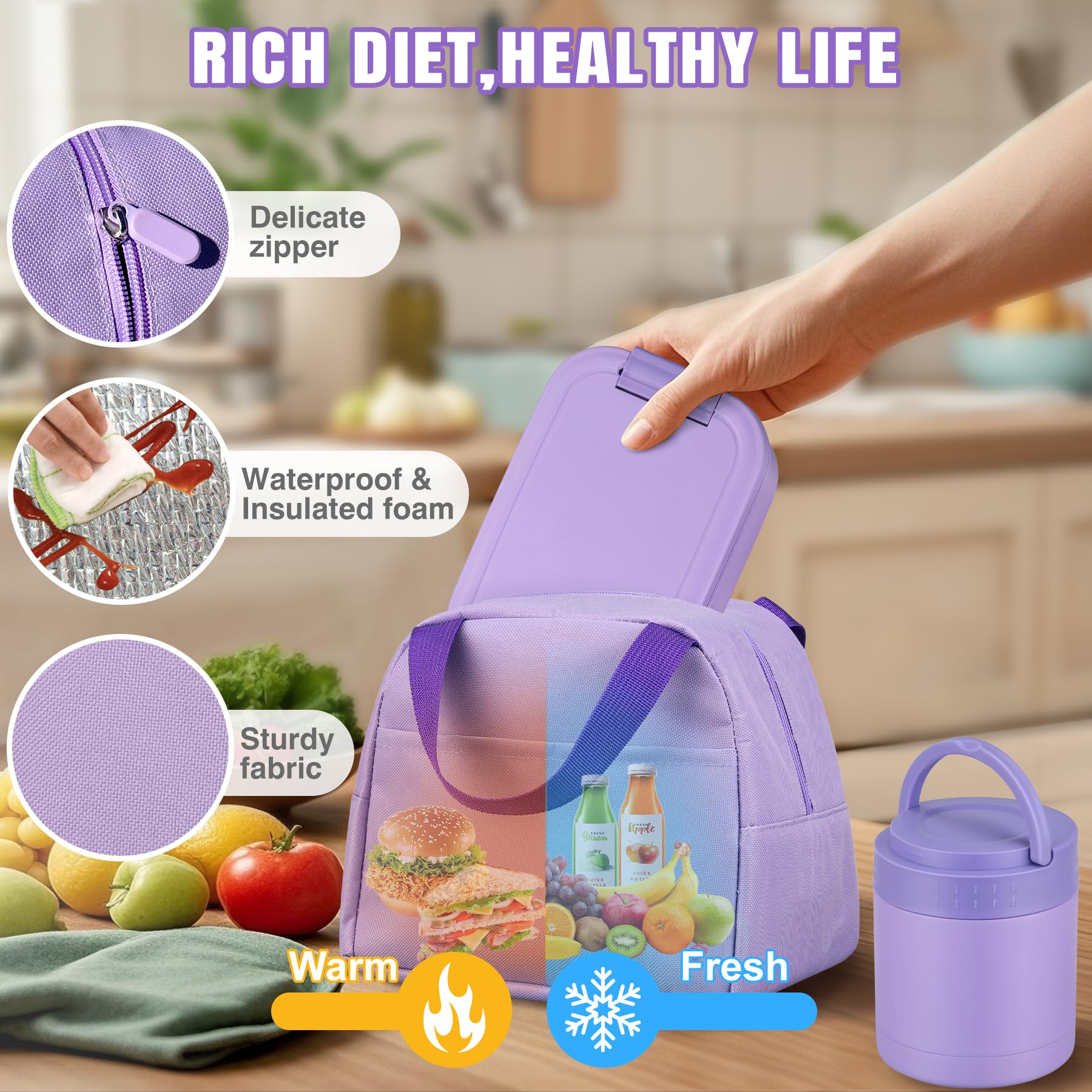 HWONMTE sac isotherme ouvert contenant la boîte, le thermos et le gobelet pratique