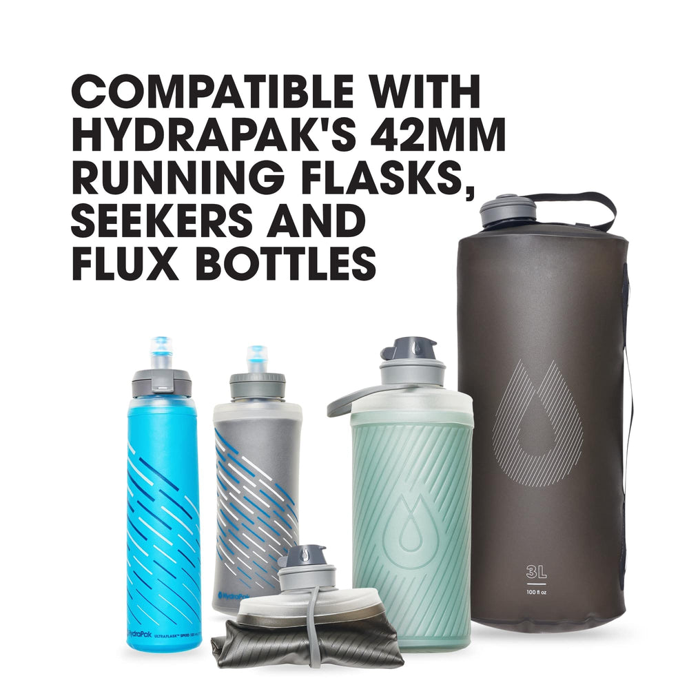 HydraPak comparaison d'échelle avec une main, prouve légèreté 57 g