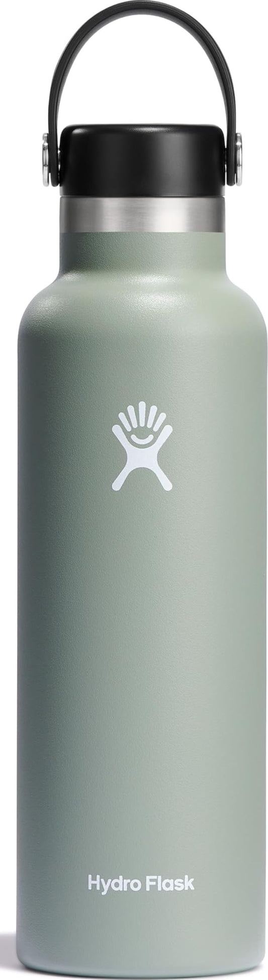 Hydro Flask vue avant 21 oz Agave Green montrant la silhouette et le bénéfice de portabilité