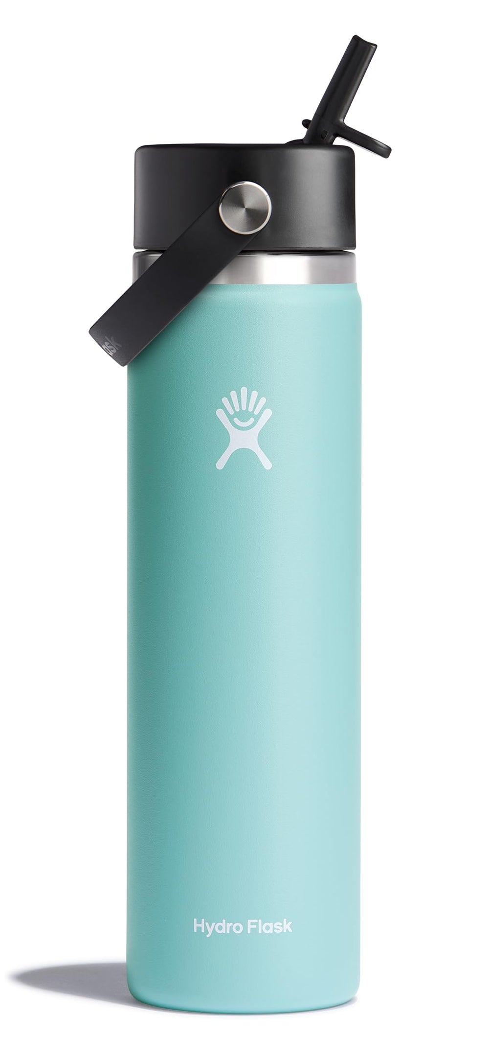Hydro Flask vue avant avec étiquette, montre durabilité et design