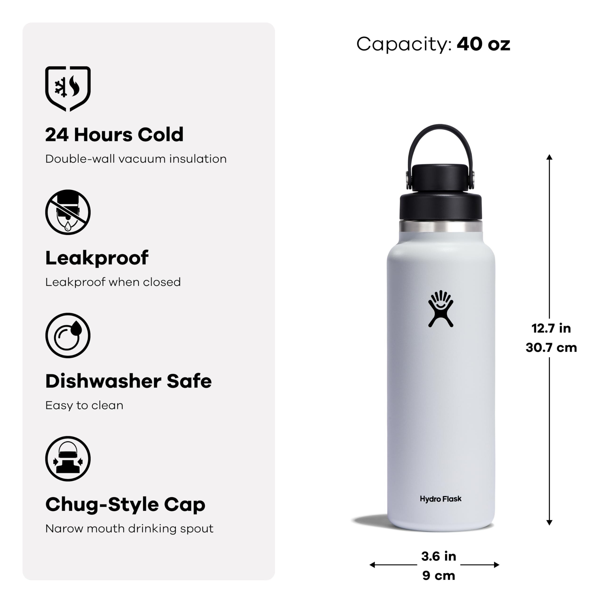 Hydro Flask bouchon Chug en gros plan, fermeture étanche pratique