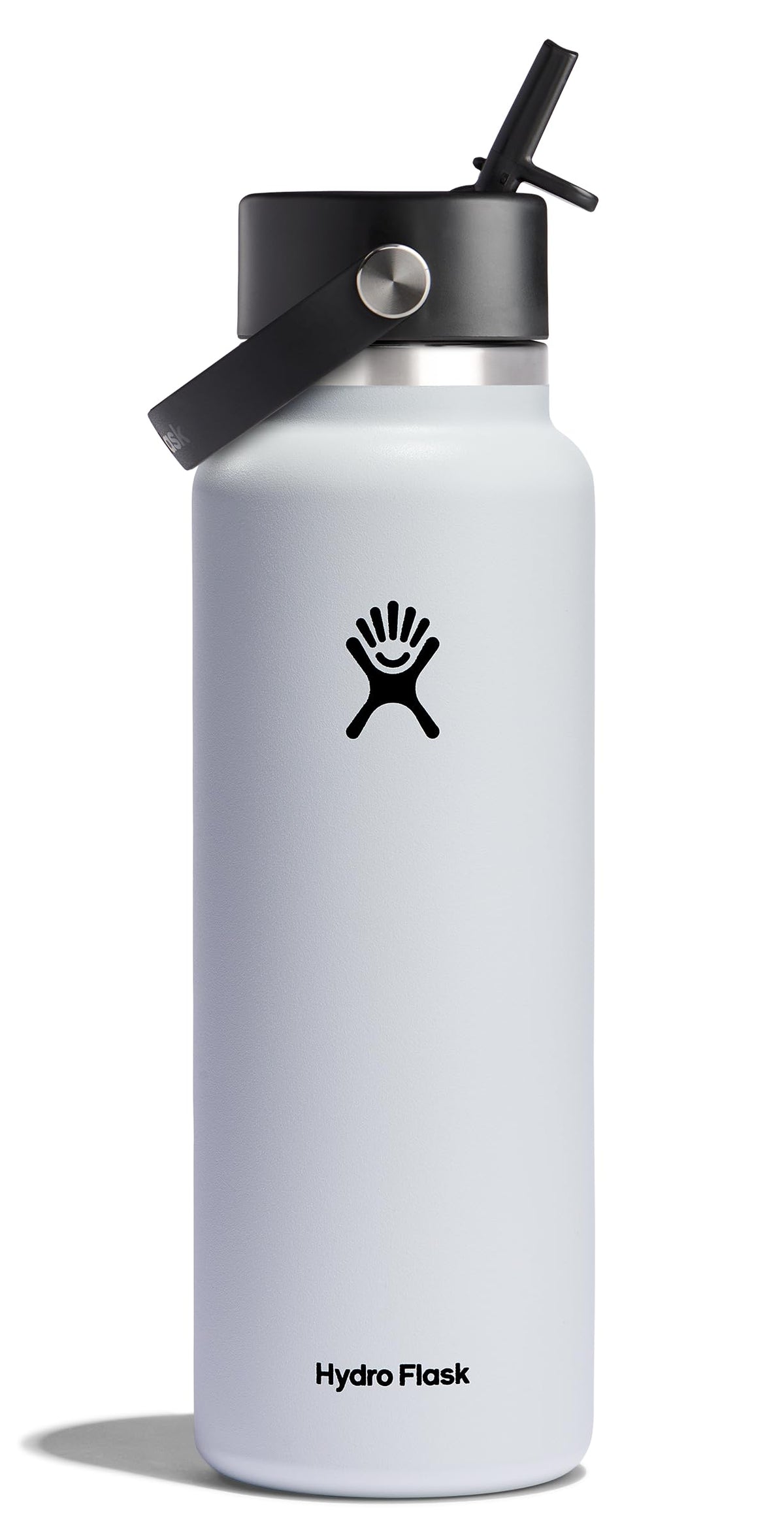 Hydro Flask vue de face bouteille blanche, design durable pour transport