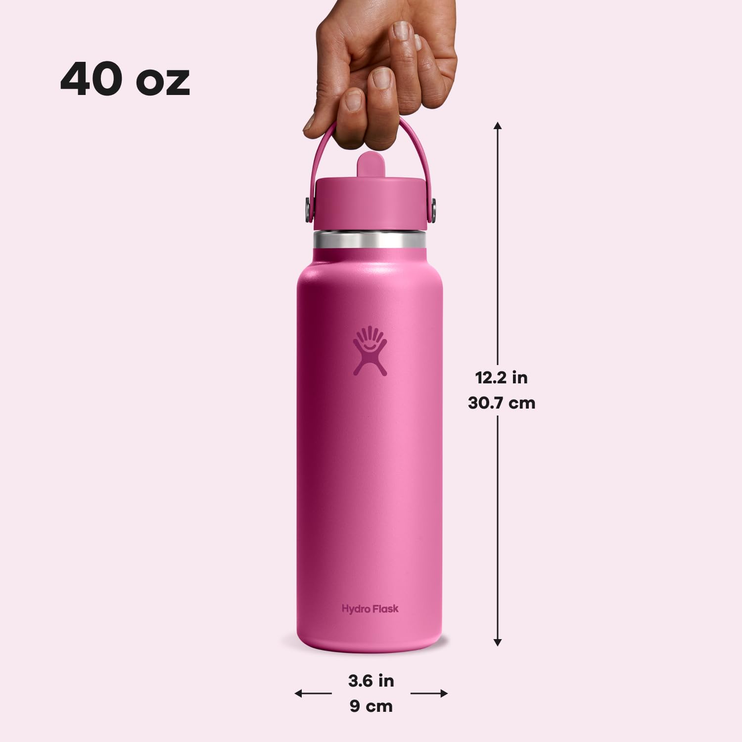 Hydro Flask comparaison taille avec main illustrant capacité 40 oz