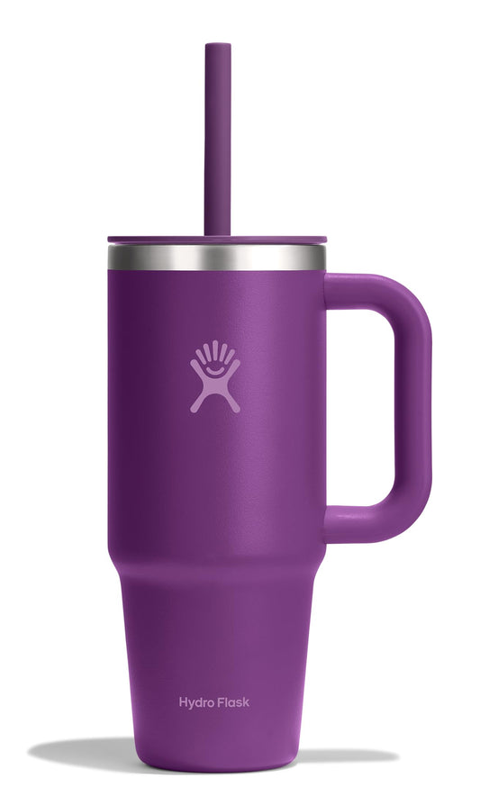 Hydro Flask face avant Beachplum Purple montrant le couvercle et la paille pratique