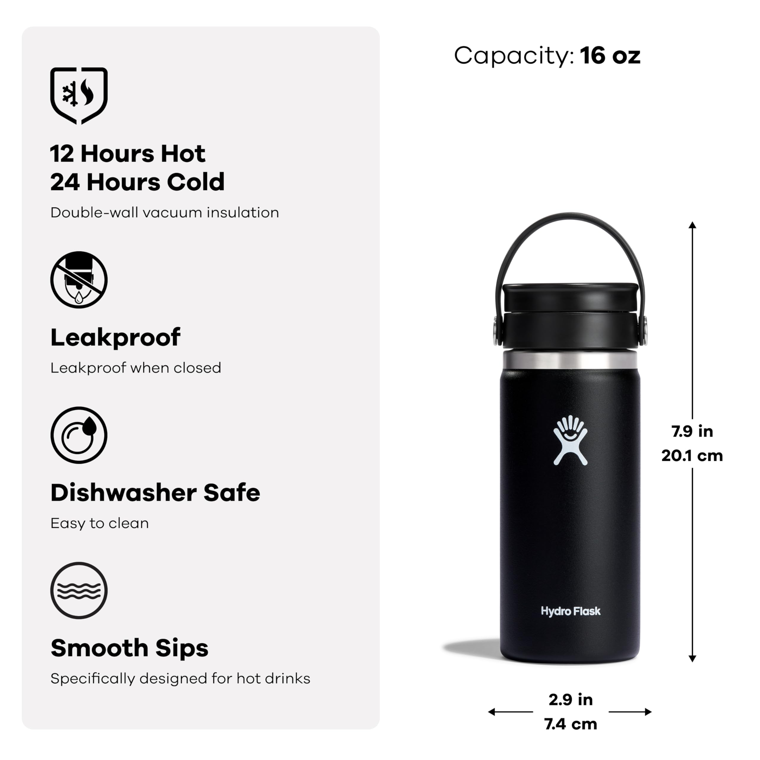 Hydro Flask comparé à une main pour visualiser la taille 16 oz pratique