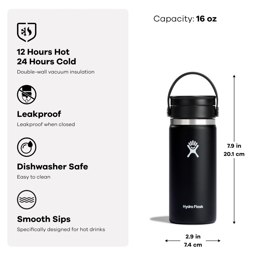 Hydro Flask comparé à une main pour visualiser la taille 16 oz pratique