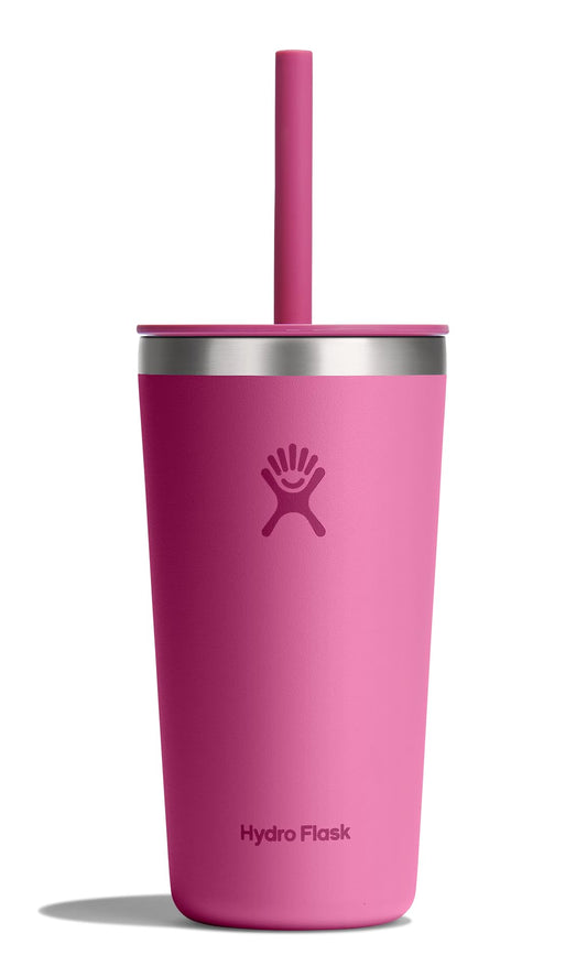 Hydro Flask vue de face avec couvercle et paille, maintien du froid