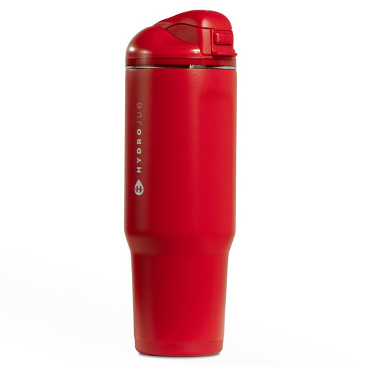 HydroJug Ease2o vue frontale de la bouteille rouge alumni montrant le design et la fenêtre de niveau