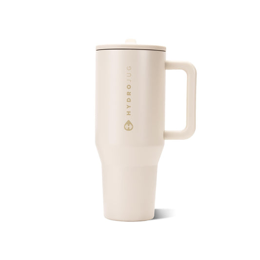HydroJug Traveler vue avant crème montrant design élégant et poignée pratique