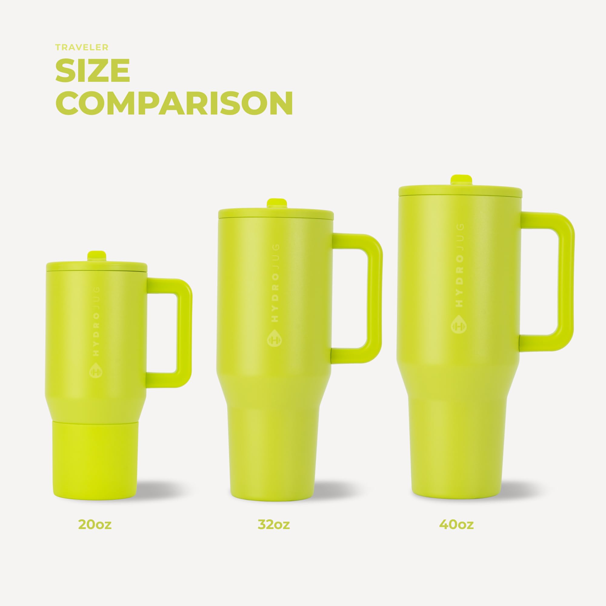HydroJug Traveler comparaison de taille montrant capacité 32oz et compatibilité porte‑gobelets