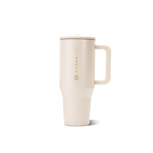 HydroJug Traveler devant crème montrant design élégant et praticité
