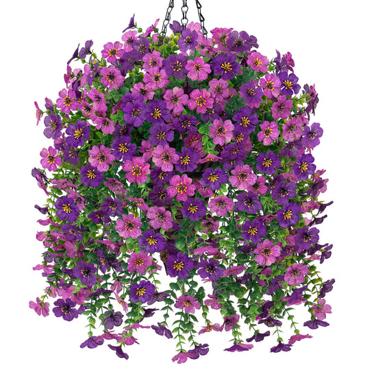 HyeFlora panier suspendu face avant montrant l'arrangement floral réaliste et l'effet décoratif