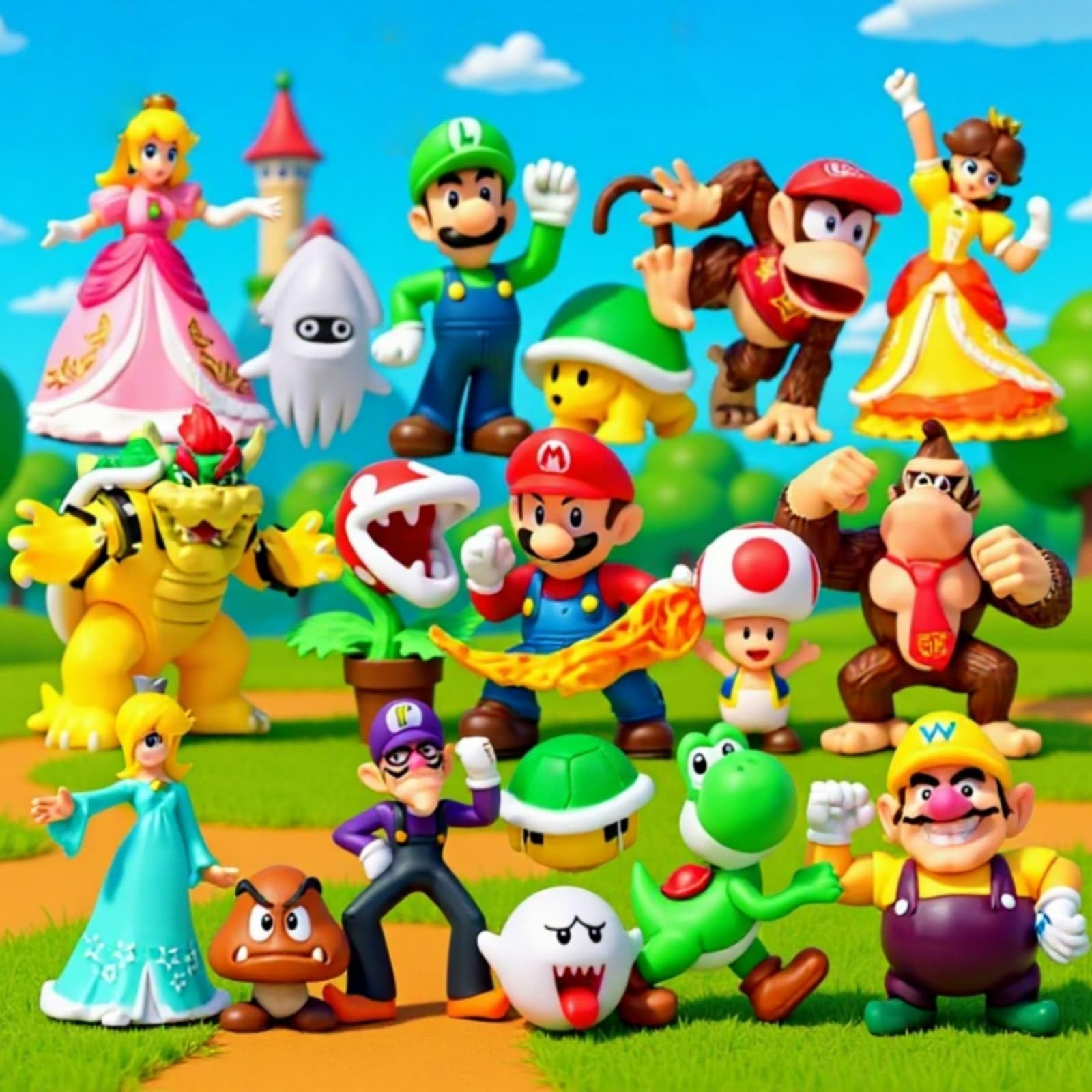 HYOIIO Luigi et Yoshi placés sur un gâteau, décor festif prêt à servir