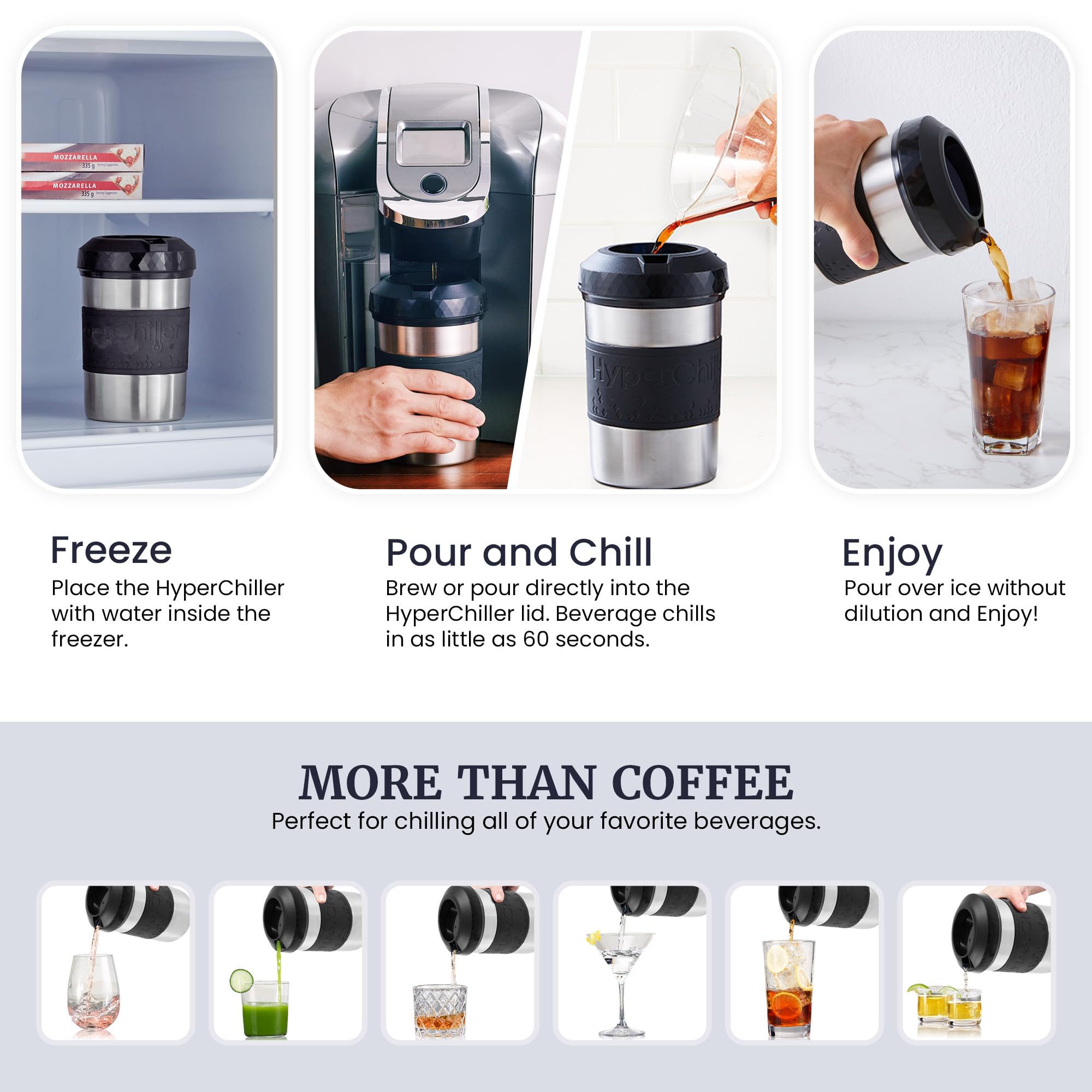 HyperChiller HC2SS en action versement de café chaud pour refroidissement instantané