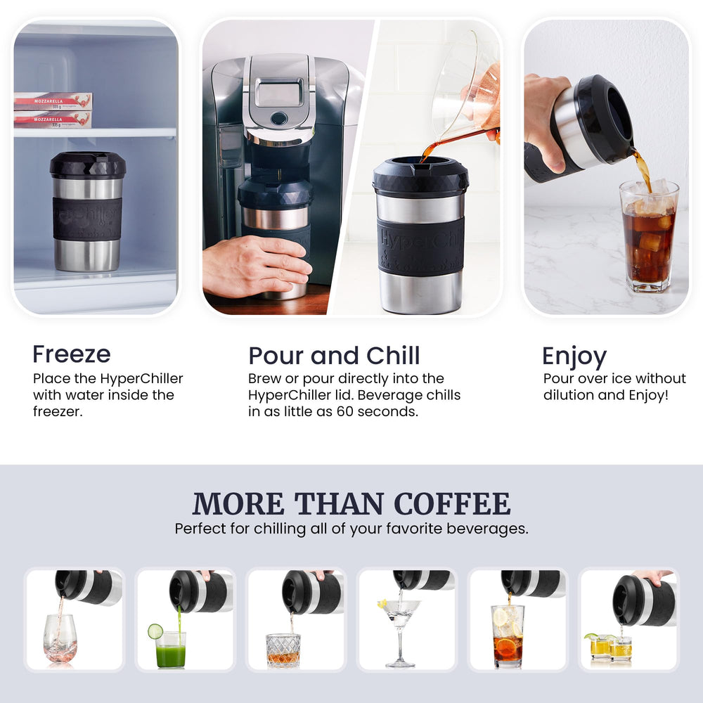 HyperChiller HC2SS en action versement de café chaud pour refroidissement instantané