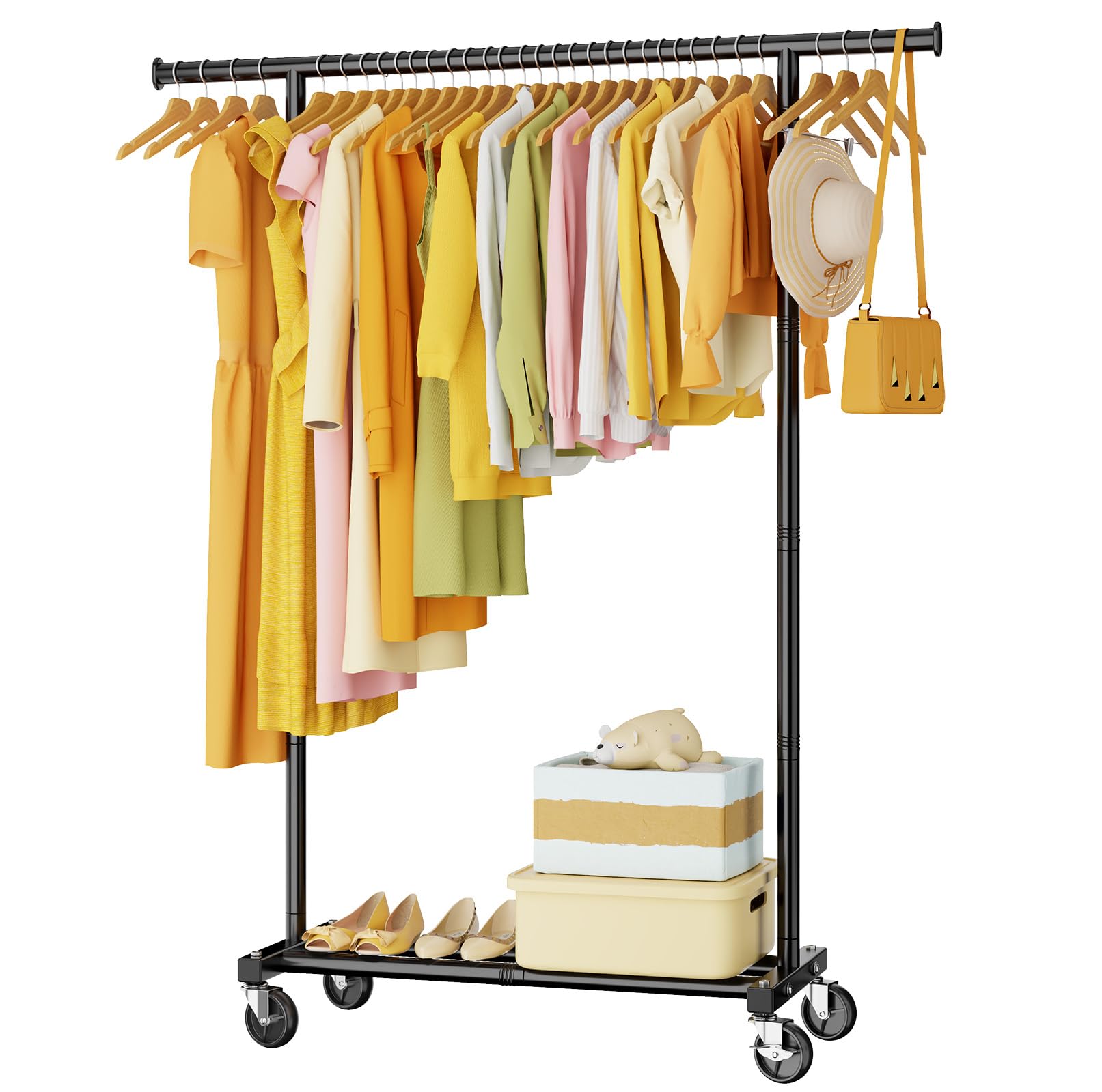 HYSEYY vue avant du porte-vêtements mobile montrant rangement organisé