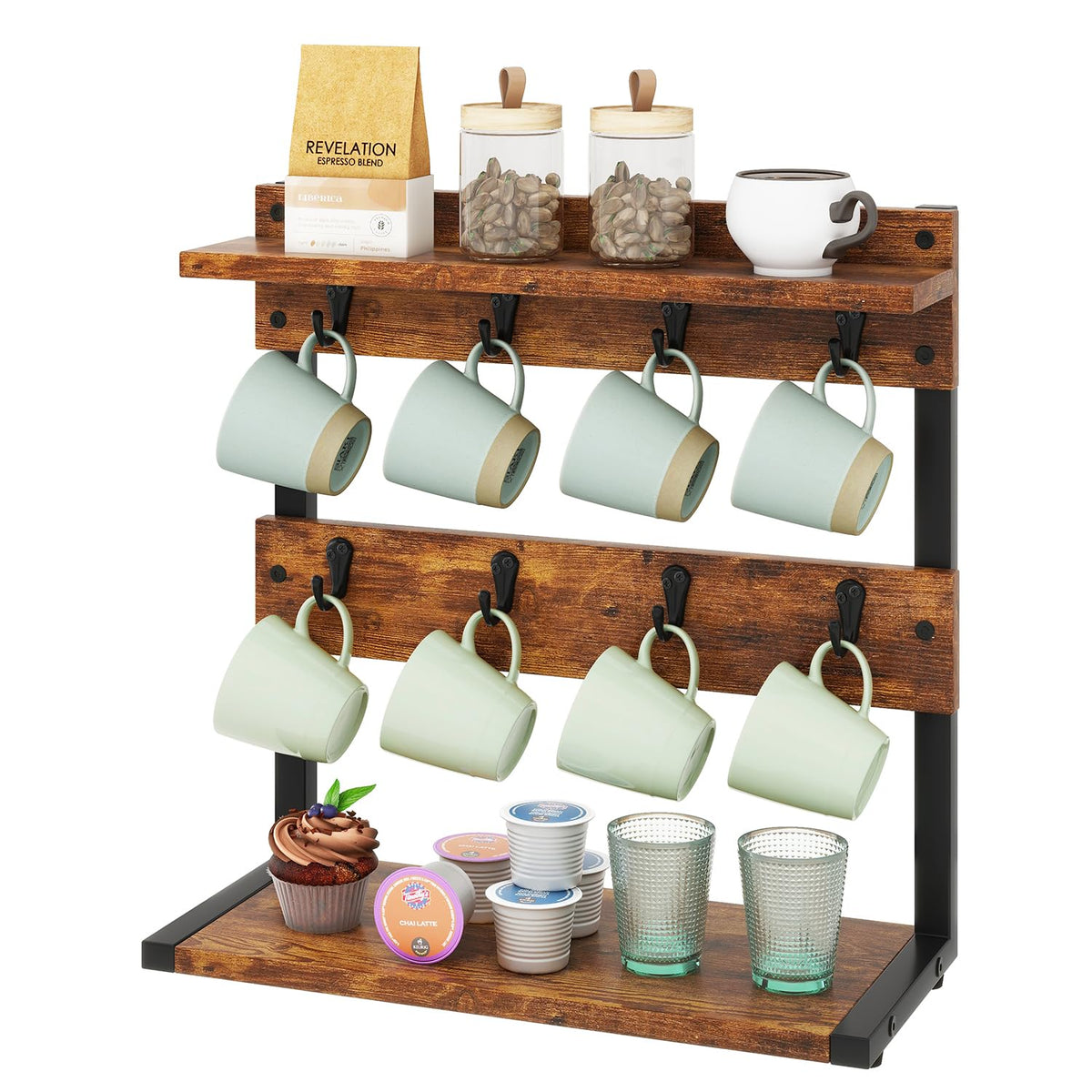 IBUYKE vue frontale du porte-tasses montrant design rustique et gain de place