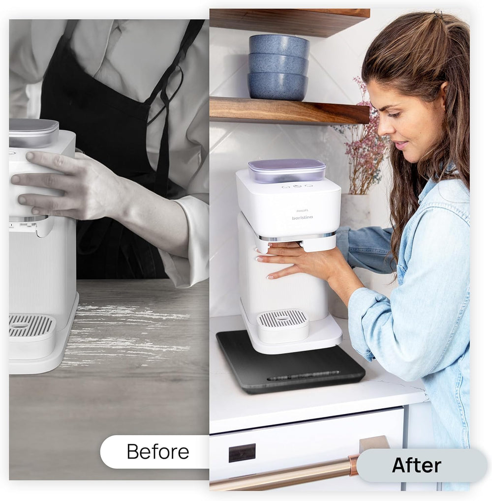 Ibyx plateau coulissant comparaison taille avec cafetière illustrant compatibilité