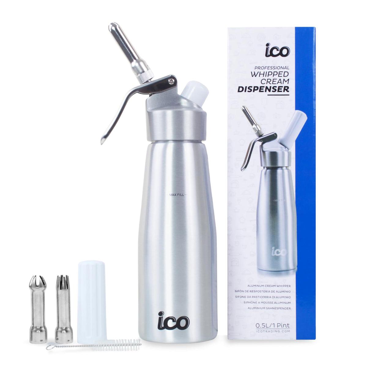 ICO siphon en aluminium vu de face montrant la finition brossée et la durabilité