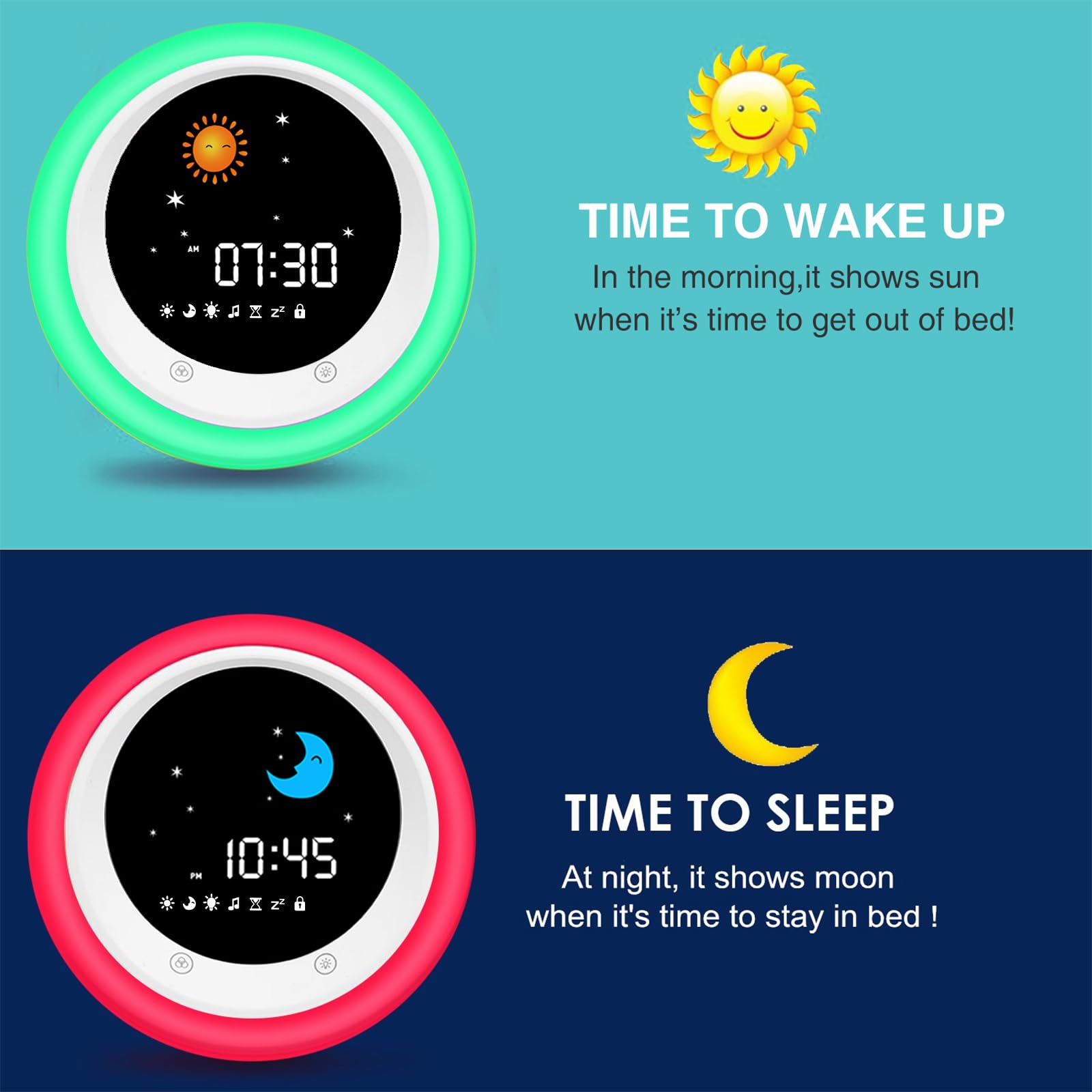 I·CODE gros plan écran soleil/lune pour apprendre le moment lever/dormir