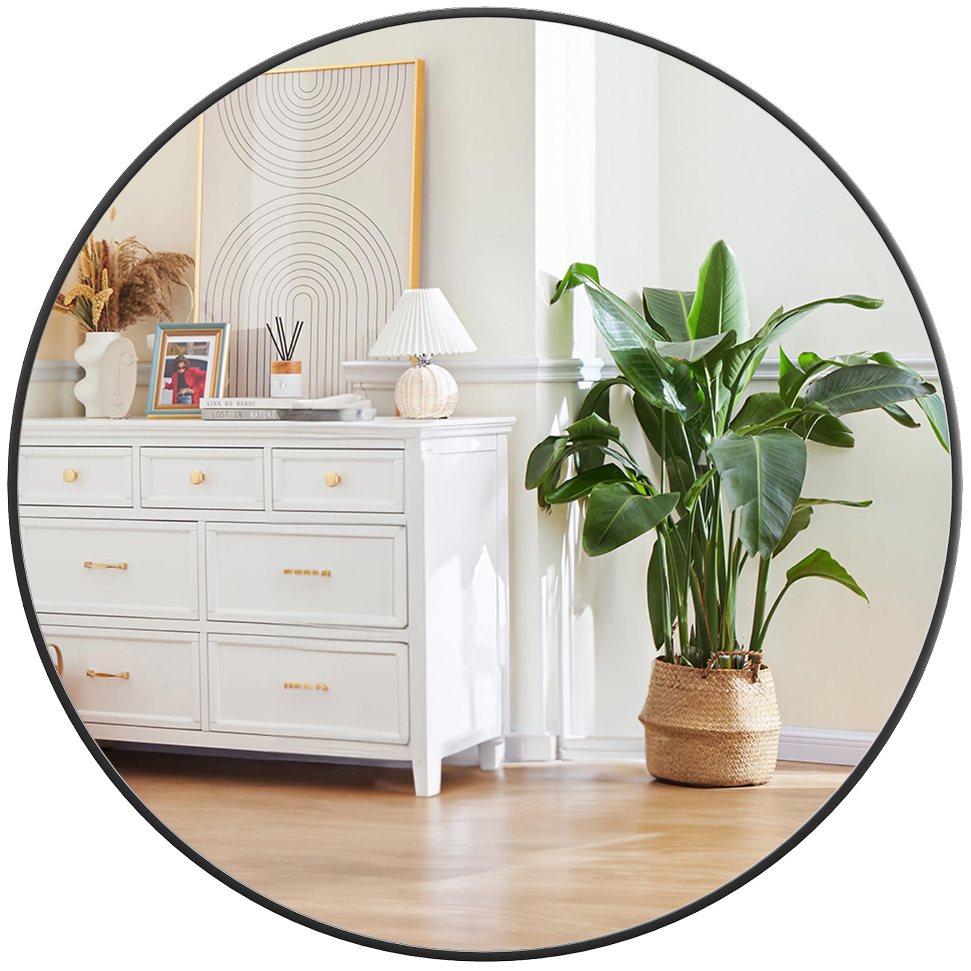IDEALHOUSE miroir rond face montrant reflet net et design contemporain