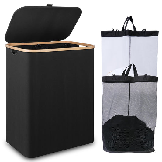 iEGrow vue de face du panier à linge noir montrant couvercle et silhouette, rangement optimisé