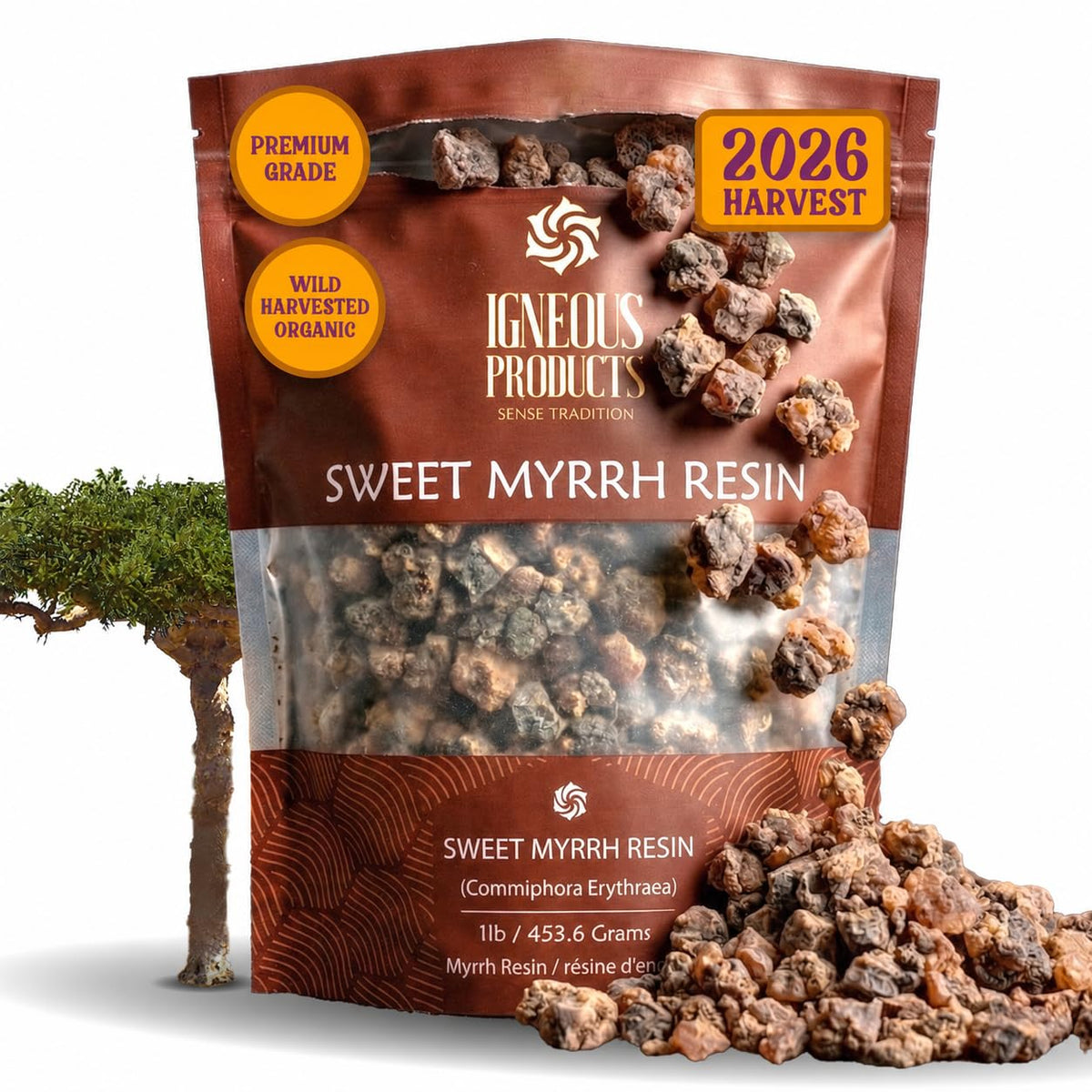 Igneous Products myrrhe en vrac vue de face montrant le conditionnement pratique et l'origine naturelle