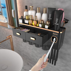 iHave vue avant du porte-brosses mural élégant blanc et or pour optimiser le rangement