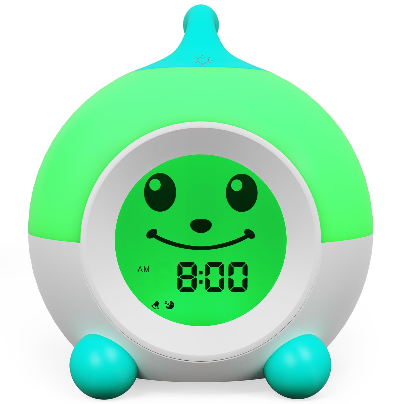 iHoo réveil enfant face montrant couleurs pour réveil et coucher, rassurant