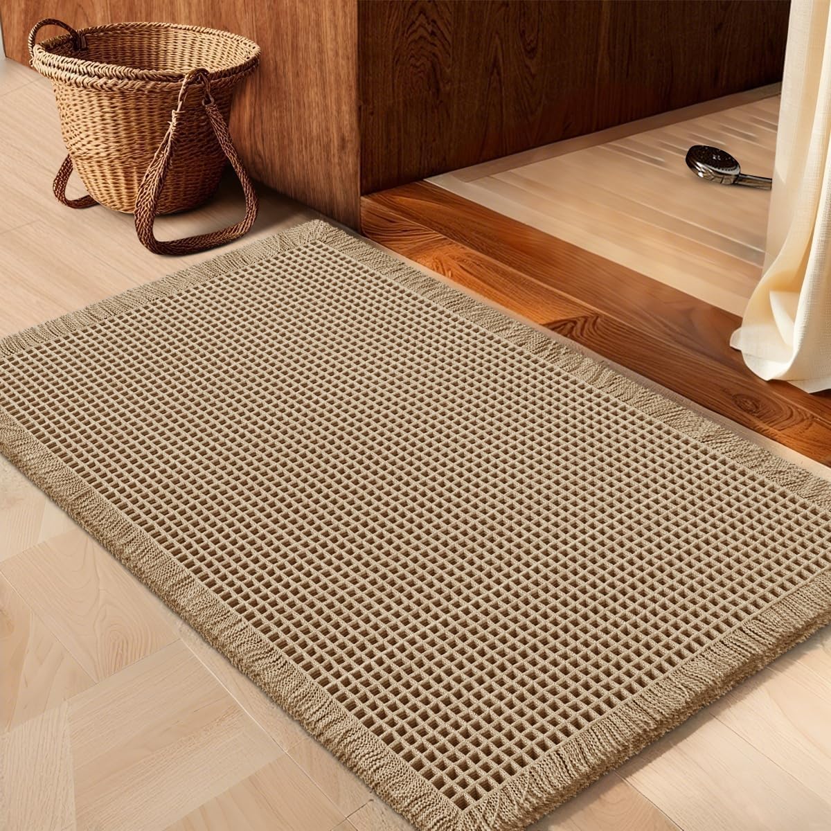 IM HOME vue de face du tapis waffle beige montrant design et confort