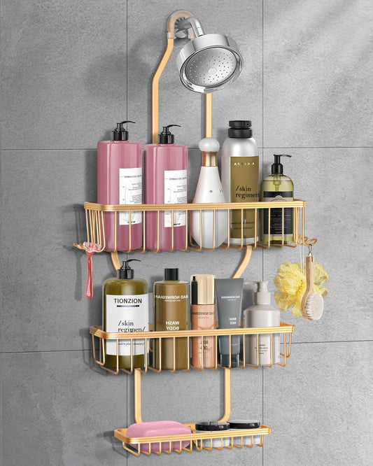 Rangement de douche doré MSAICOE installé avec des flacons