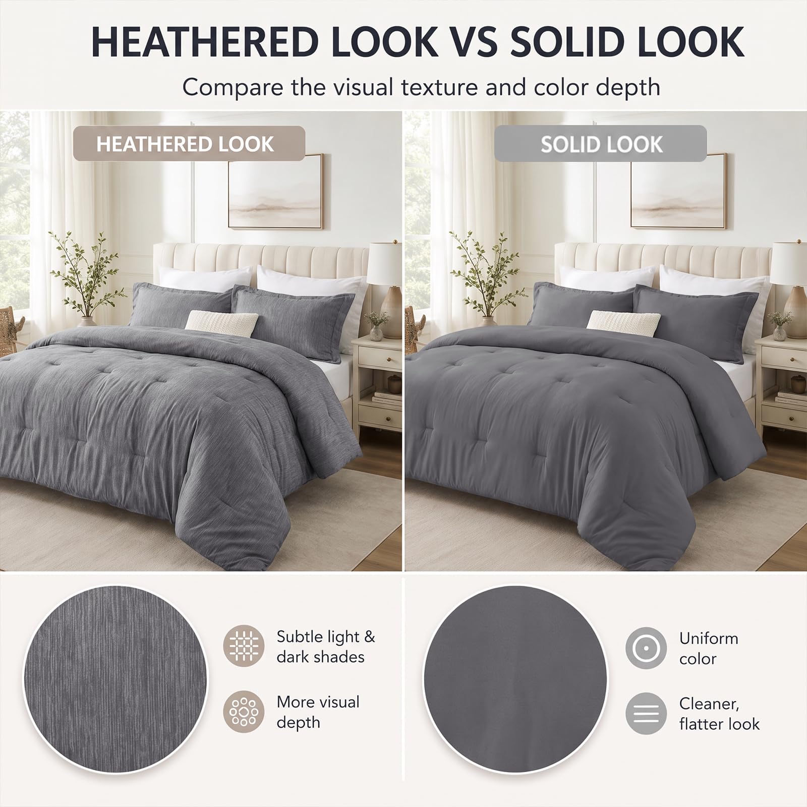 CozyLux Queen Comforter Set, Heathered Grey, 3 Pieces Bedding Sets