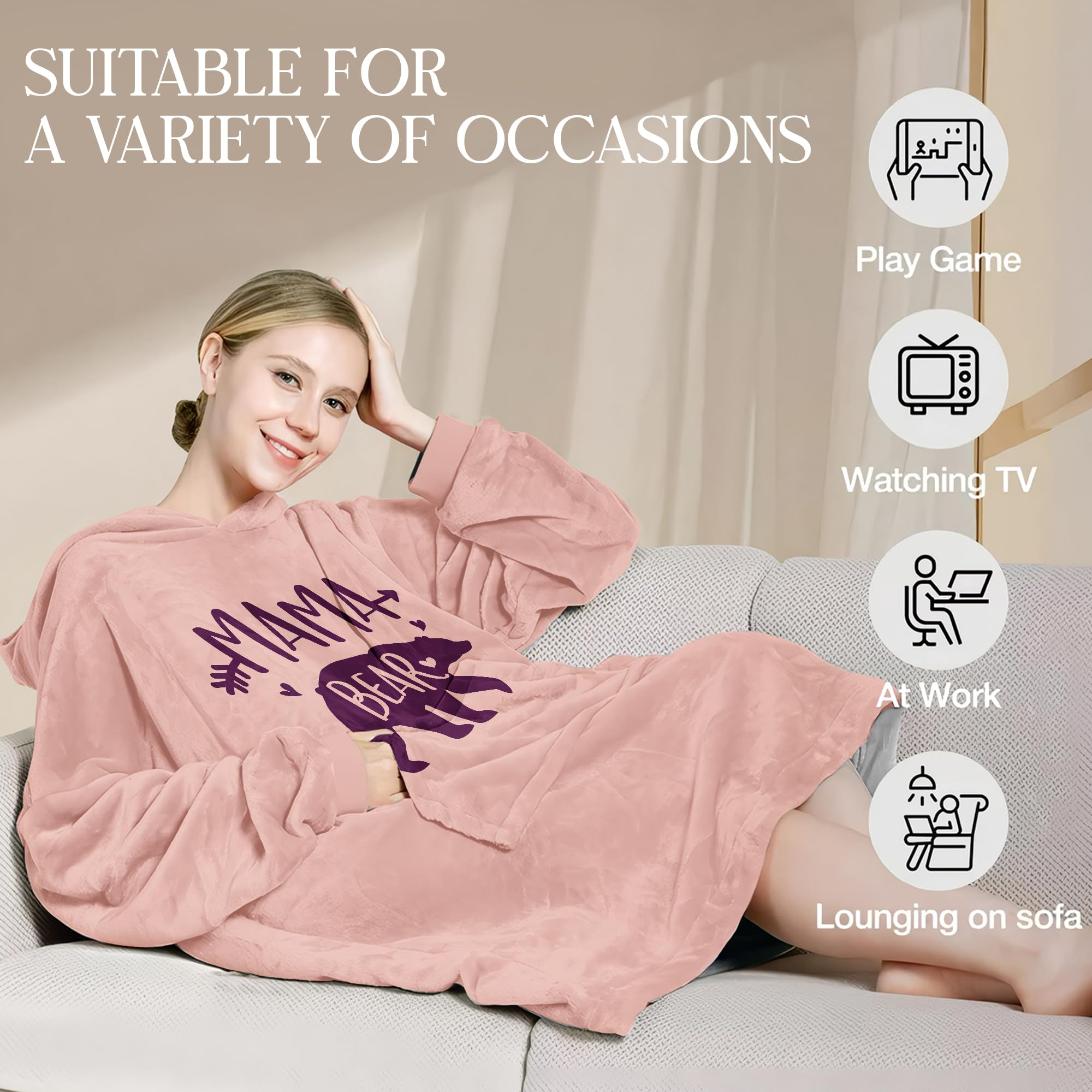 Warmstorey couverture-pull Mama Bear rose — hoodie polaire oversized, capuche et poche pour maman, cadeau chaleureux